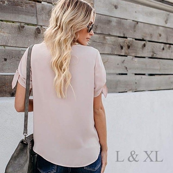 Blush Pink Surplice Top with Tie Sleeves - Picture 3 of 6